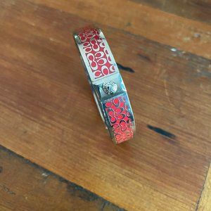 COACH SILVER AND RED ENAMEL SIGNATURE LOGO BANGLE BRACELET